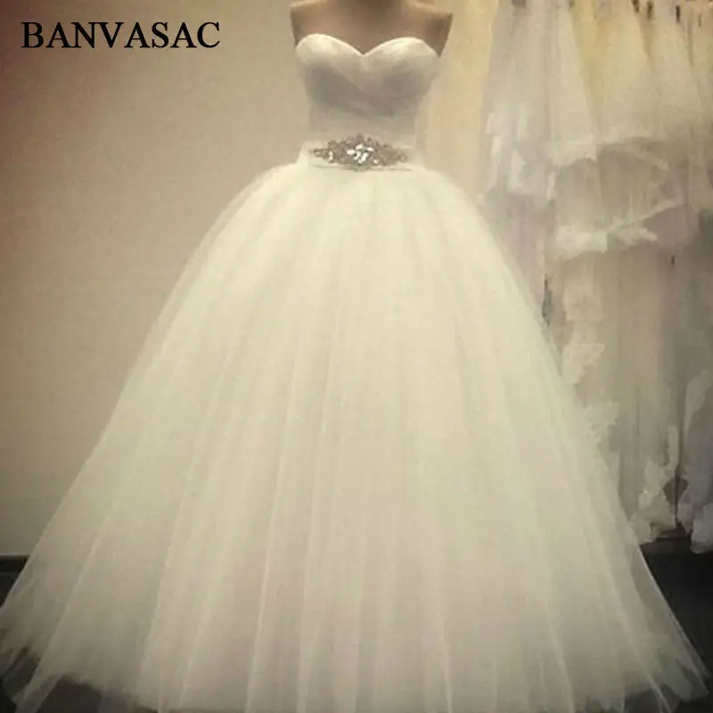 BANVASAC New Luxury Crystals Sash Strapless Wedding Dresses Sleeveless Pleat Satin Lace Bridal Ball Gowns