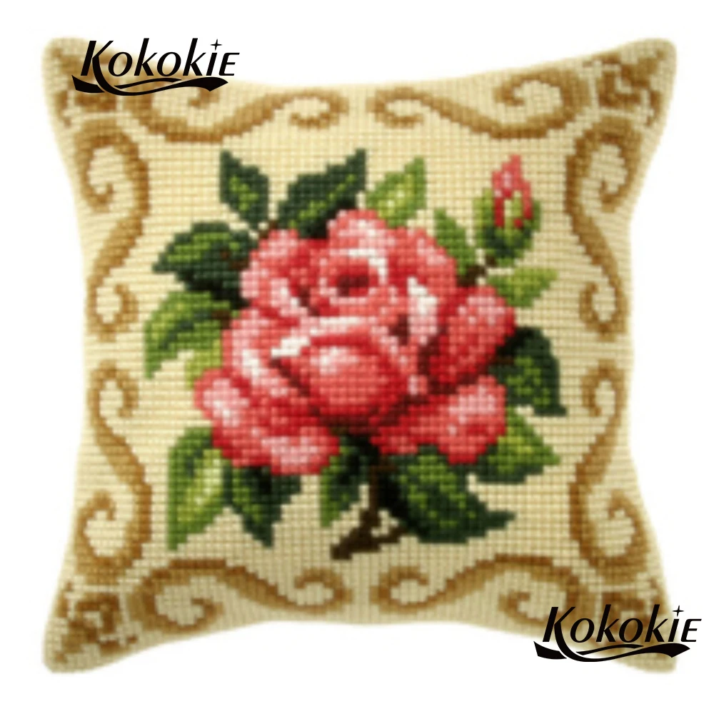 handicraft embroidery yarn pillowcase diy cushion mat embroider needlework kits flowers cross stitch fabric throw pillow kits