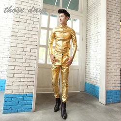 Hot ! Men Fashion Clothes Stage Singer Tight Costume Gold Silver Trousers Punk Leather Pants . Free Shipping / 28-34