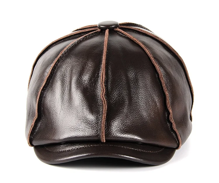 2024 Real leather Fashion Men genuine leather CapLuxury  Military Caps Black Real Leather Sailor Hats Flat