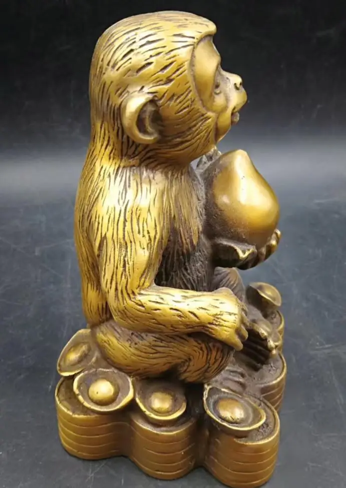 Chinese archaize Brass twelve Zodiac monkey present peach wealth statue