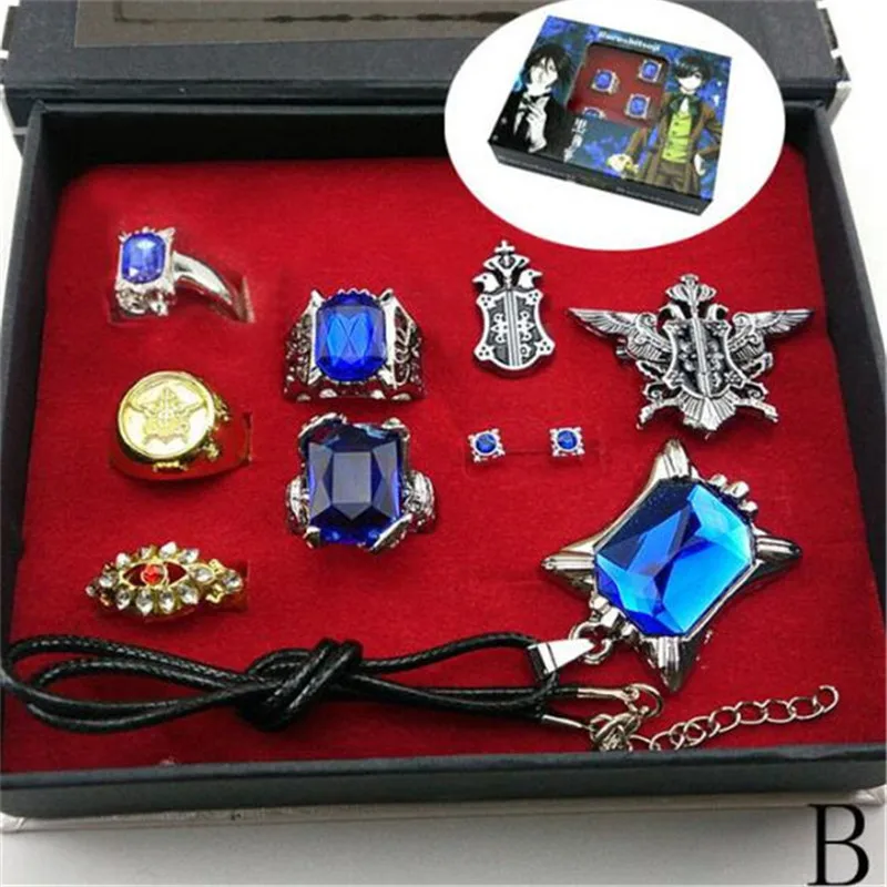 Black butler Kuroshitsuji Ciel Phantomhive Cosplay Rings+ Necklace+Ear-nail earring studs Jewelry Set A612