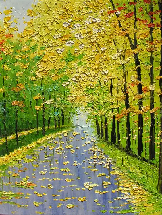 

Palette Knife Canvas Art Oil Painting Golden Fall Trees Landscape Painting Decorative Modern Art by Marchella Hand Painted