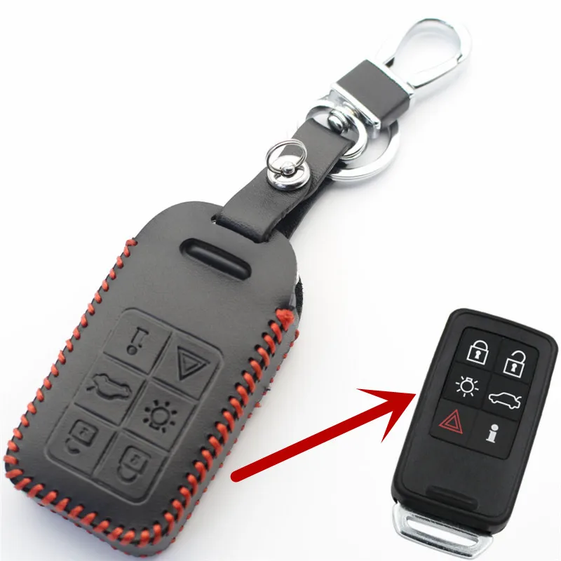 FLYBETTER Genuine Leather 6Button Keyless Entry Smart Key Holder Case Cover For Volvo S60/S80/V60/XC60/XC70 Car Styling L2006