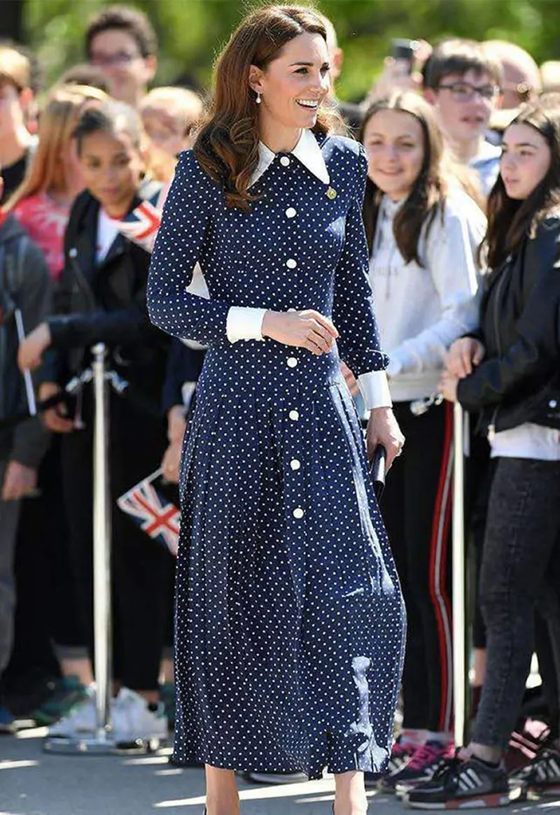 new Ivanka Trump Polka Dot long dress elegant Turn-down Collar long sleeve pleated dresses