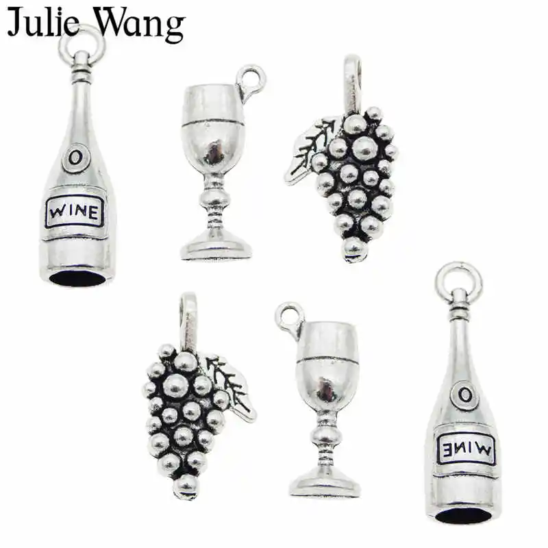 Julie Wang 12PCS Wine Bottle Goblet Grape Set Charms Antique Color Alloy Earrings Bracelet Jewelry Making Pendant Accessory