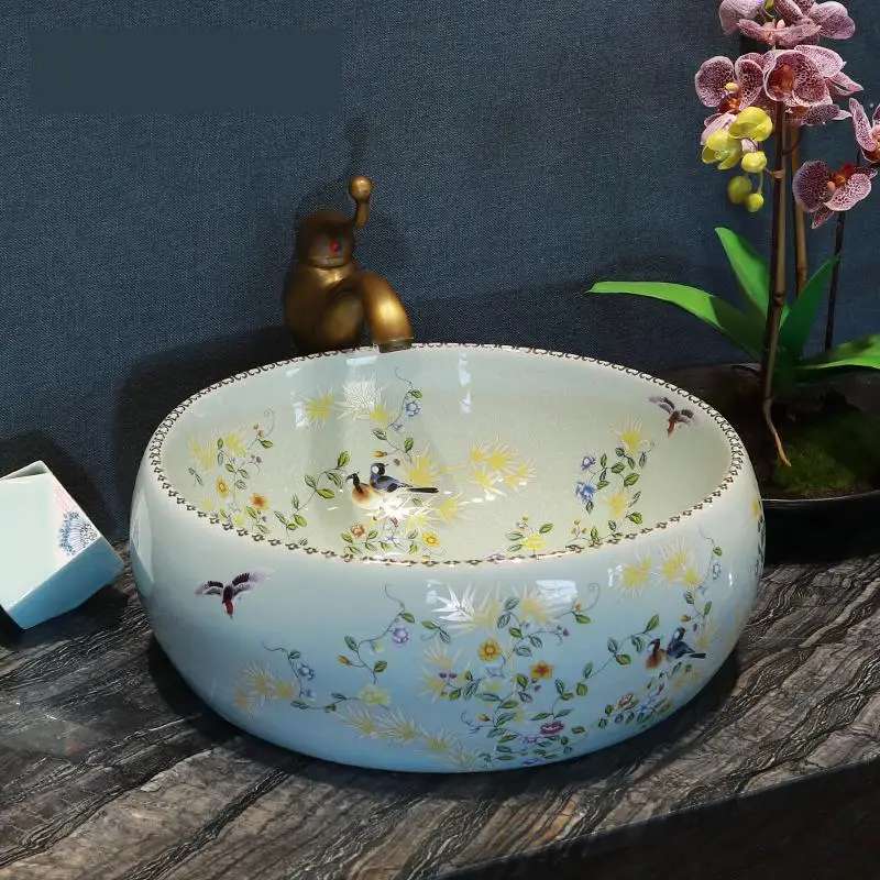 

Flower bird Europe Style Handmade Countertop Ceramic Bathroom Basin Bathroom Sink ceramic washbasin china bathroom wash basin