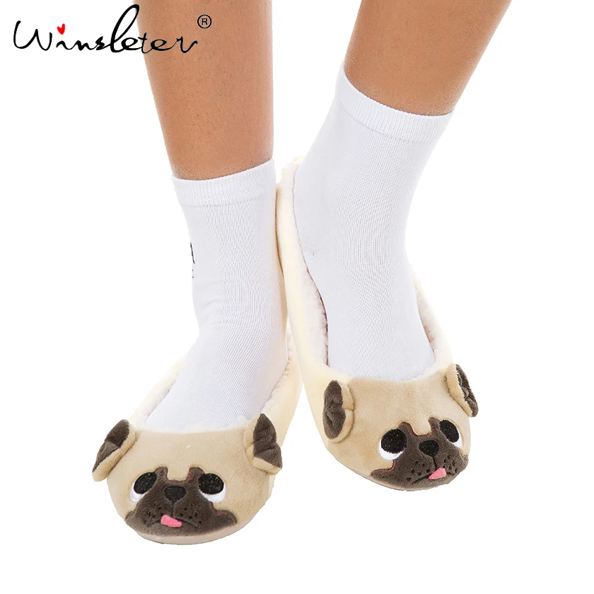 Women slippers cute pug slippers dog fleece homewear US size 6-9 A74101