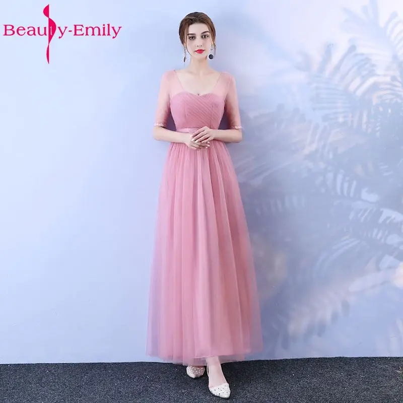 فساتين لوصيفات العروس الطويلة من Beauty Emily 2019 وردي على شكل حرف a بدون أكمام بدون حمالات بطول الأرض مكشوف الكتف لحفلات العودة للوطن