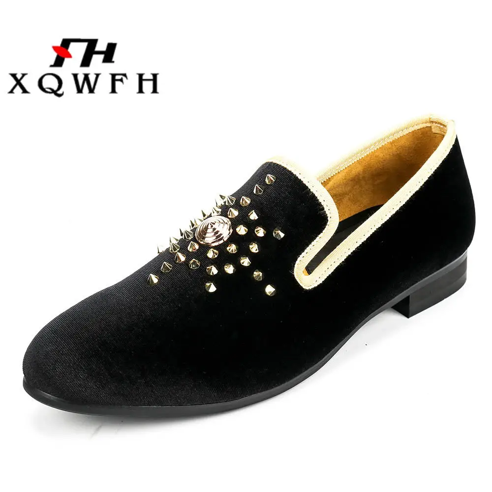 XQWFH Gold Handmade Men Rivets Shoes Plus Size Man\'s Leather Casual Shoes Fashion Party Wedding Men Loafers