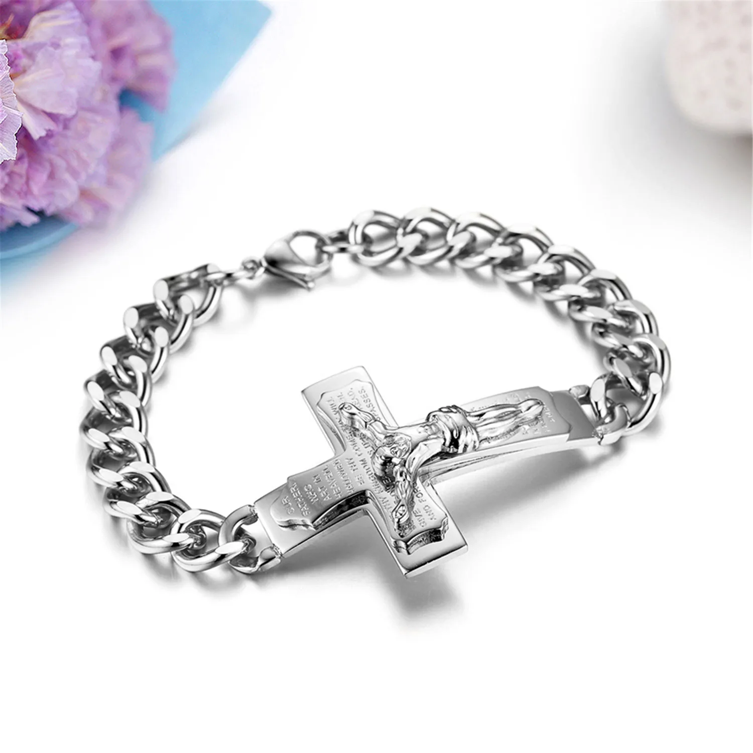 BONISKISS Men Stianless Steel Jesus Cross Crucifix Bible Verse Curb Chain Cuff Bangle Bracelet Jewelry Jonc Bijoux Dropshipping