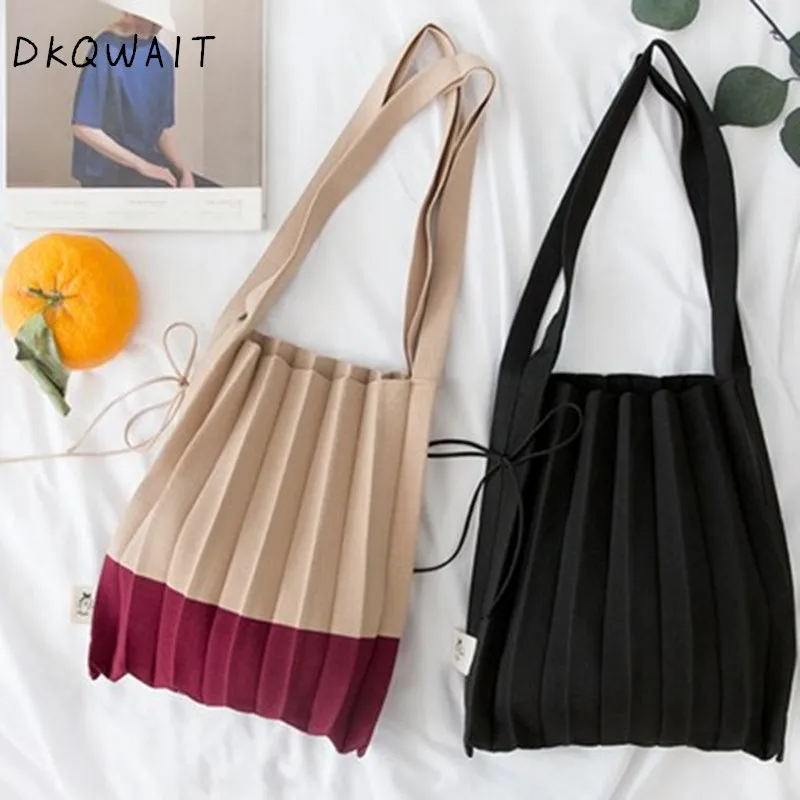 

Women knitting Casual Handbags Handmade Woven Tote Bag Female Vintage Stripe Shoulder Messenger Bag Retro Capacity Shopping Bag