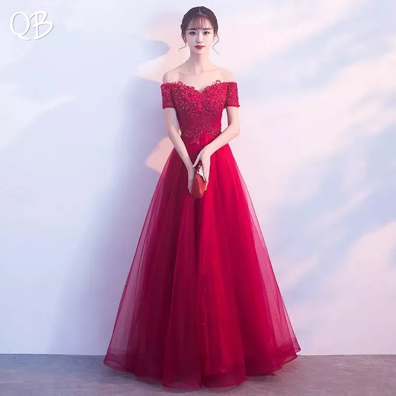 Elegant Wine Red A-line Short Sleeve Lace Beading Flowers Evening Dresses 2020 New Fashion Formal Evening Gowns 46HX