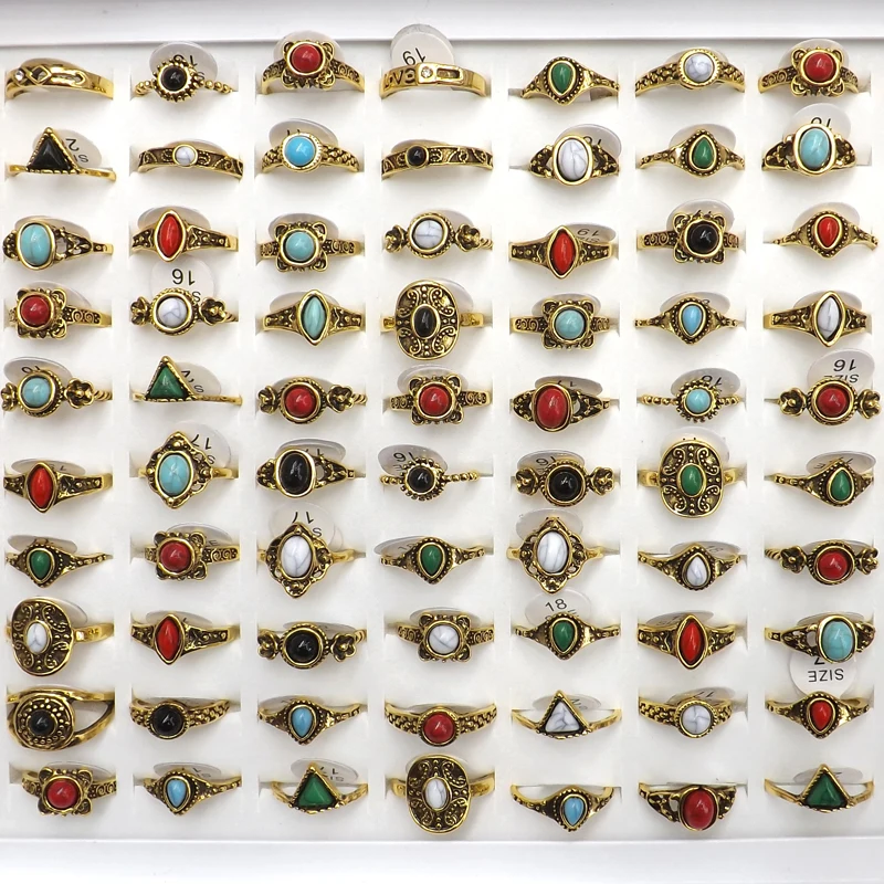 XiaoYaoTYM 50pcs Tibetan Vintage Style Rings Semi Precious Stone Rings For Women High Quality Rings