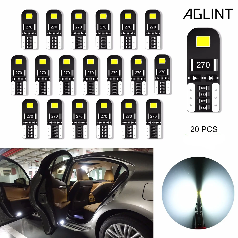 

AGLINT 20PCS T10 W5W LED Car Bulbs 2835 SMD No Polarity For Auto Interior Lighting Car Reading Dome Map Door Lamp White 12Volt