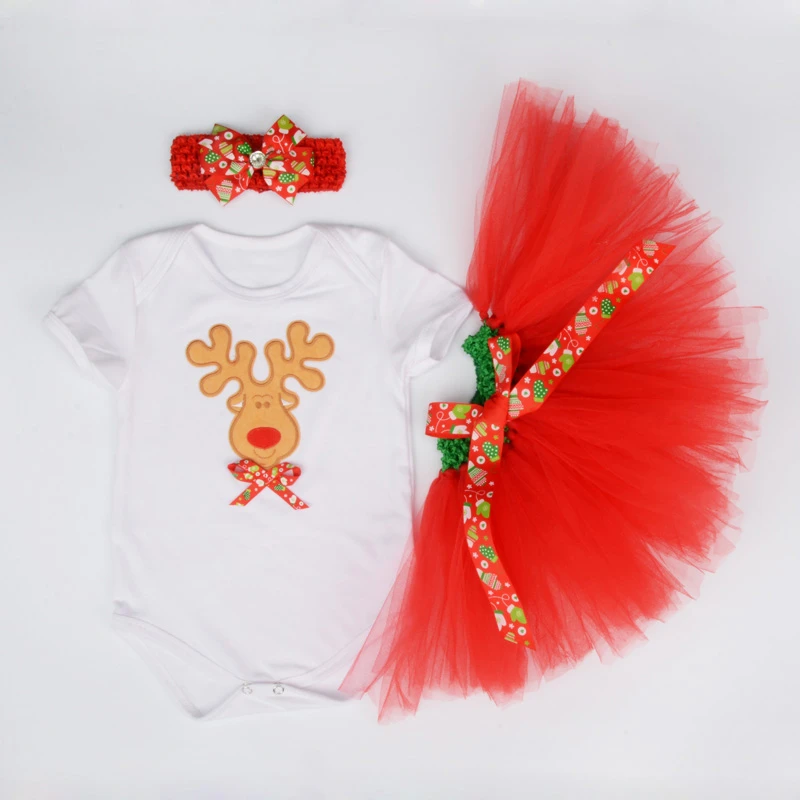 Christmas Baby Girl 3pcs Clothing Sets Infant Cotton Romper+Tulle Skirt+Headband 3pcs Outfits Costumes Birthday Santa Vestidos