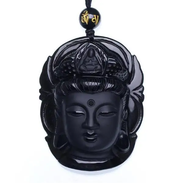 Natural Black Obsidian Pendant Avalokiteshvara Buddha Guanyin Head Amulets And Talismans Scrub Pendant With Bead Necklace