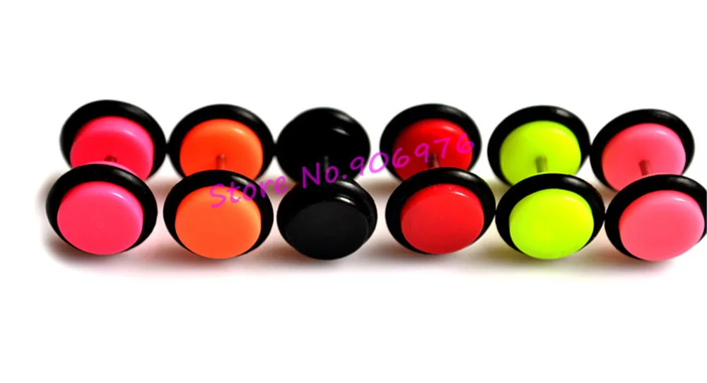 Round Earring Fake Ear Plug Stud Neon Acrylic Plain Mixed Colors Free Shipping 8mmTaper Cheater Expander Body Piercing Jewelry