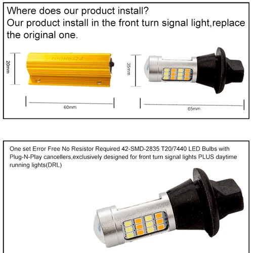 Imagen 2 del producto 2 uds T20 W21W WY21W 7440 BA15S BAU15S 1156 LED de coche 42LED 2835 DRL luz de circulación diurna automática luz antiniebla luz de estacionamiento