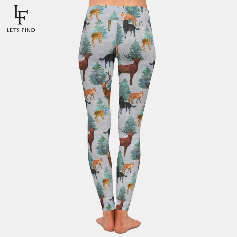 LETSFIND New Design Women Elastic Leggings High Waist 3D Animals Milu Deer&fox&dog Print Milk Silk Trousers Movement Leggings