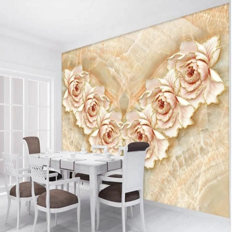 

wellyu Customized large - scale frescoes marble embossed Peony background wall wallpaper papel de parede para quarto