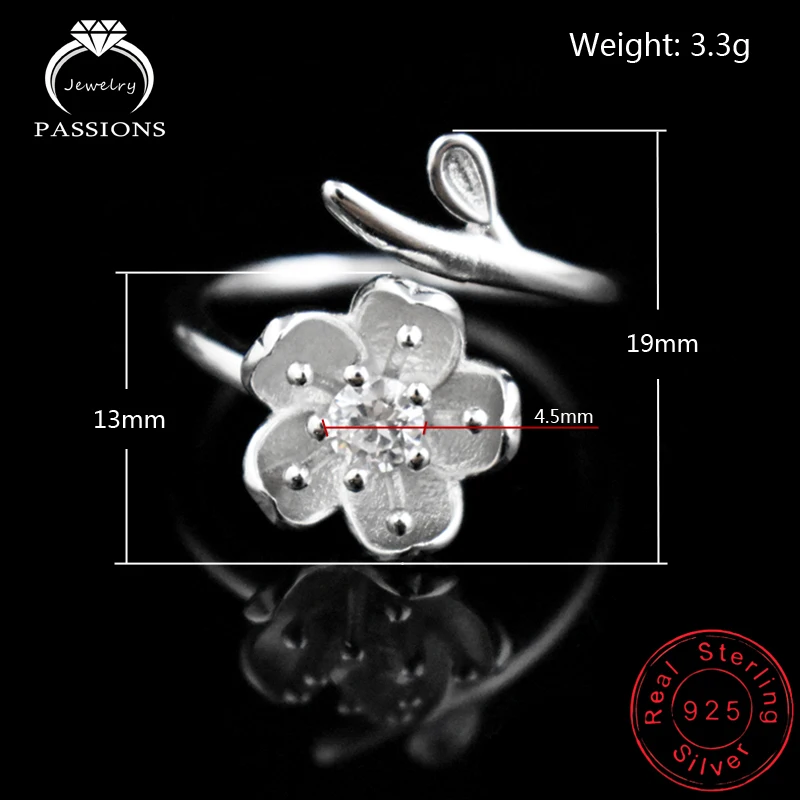 Heißer Verkauf Mode 925 Sterling Silber AAA Zirkon Blumen Ringe Offene Einstellbare Feine Sakura Strass CZ Ring Frauen Schmuck Geschenk