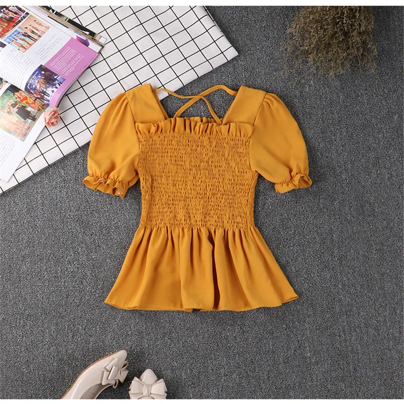 2019 Nieuwe Vrouwen Zomer Ruches Blouse Sexy Tie Chiffon Blouses Vrouwelijke Slanke Effen Dieptepunt Korte Mouwen Korte Tops AB1371