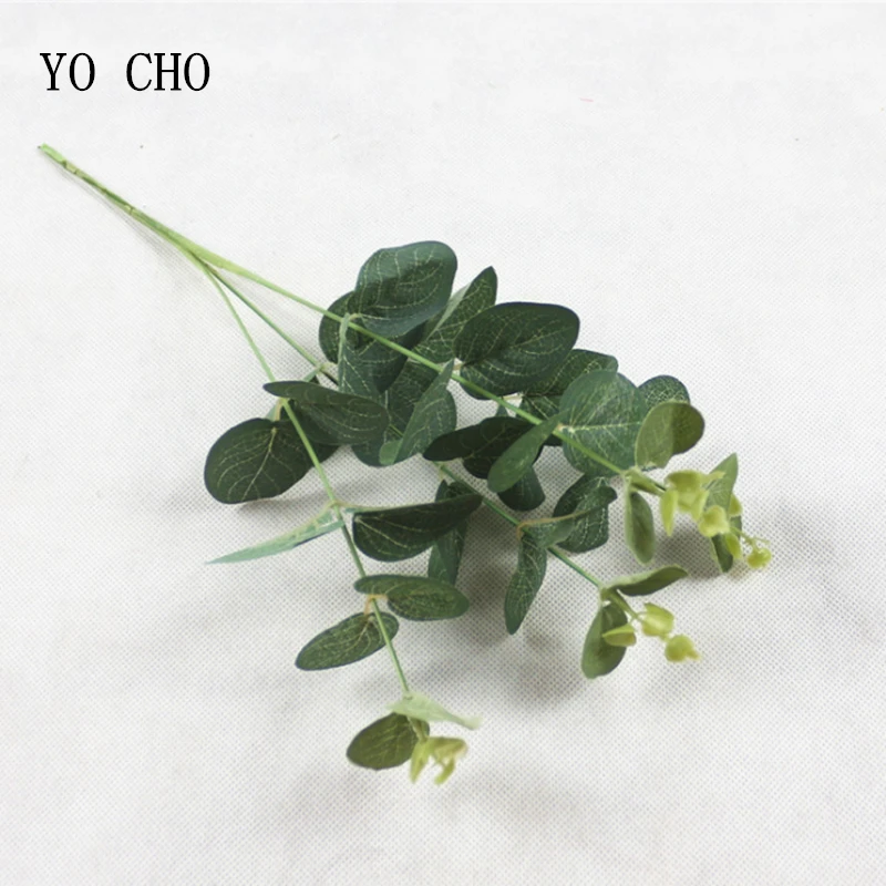 YO CHO  Green Artificial Plants Large Eucalyptus Leaves for Home Decor Wedding Wall Material Decorative Fake Plants 4 Forks 37cm