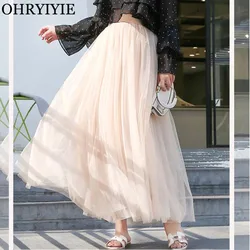 OHRYIYIE Otoño Invierno Vintage Maxi Falda Larga de Tul Mujeres Verano Faldas de Malla de Cintura Alta Falda Tutú Plisada Mujer Jupe Longue