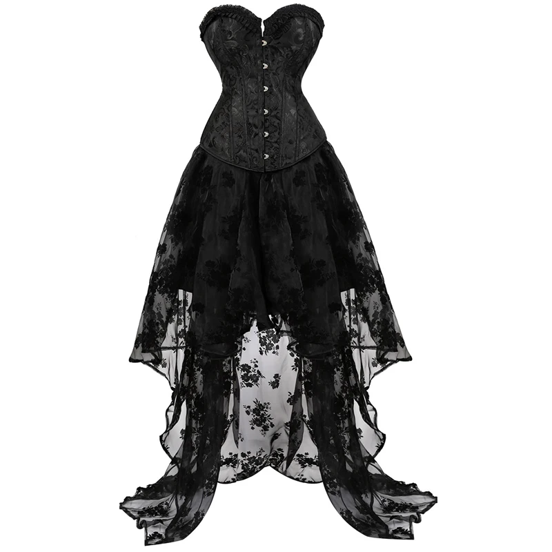 steel boned corset bustier dresses high and low skirt tulle long lace corset plus size gothic sexy lingerie burlesque korsett