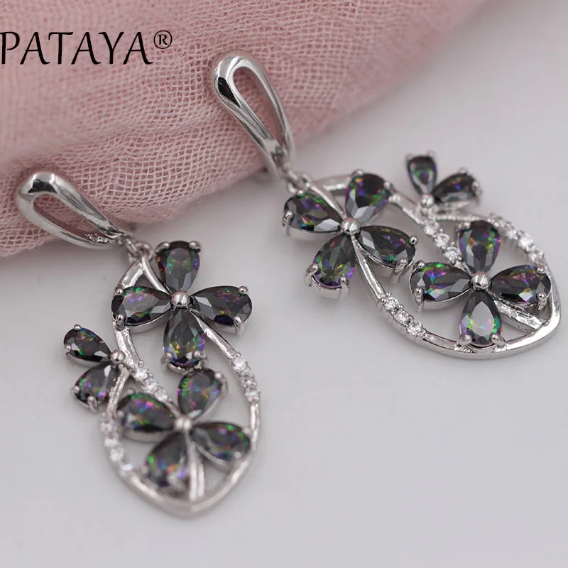 

PATAYA New AB Multicolor Flower Natural Zircon Earrings True White Gold Color Dangle Earrings Women Wedding Romantic Jewelry