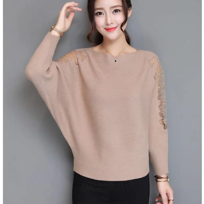 Women Loose Batwing Knitted Pullover Tops Lace Decoration 2019 Autumn Striped Sweaters With Holes Pullovers Fashion Jumper