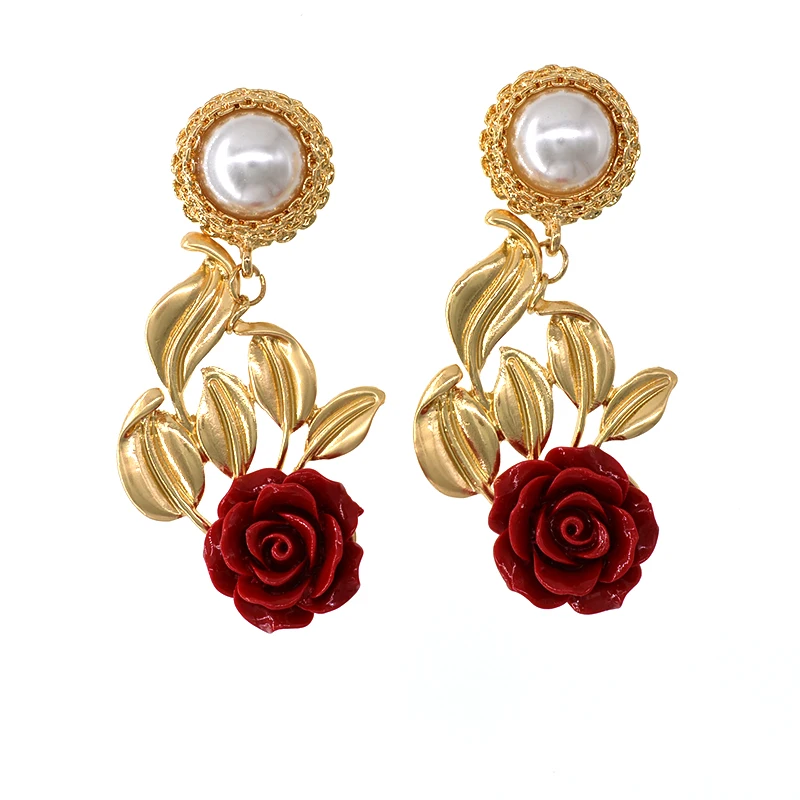 

handmade fashion new women brand earrings elegant pearl rose flower earrings summer fresh and lovely drop jewelry gift