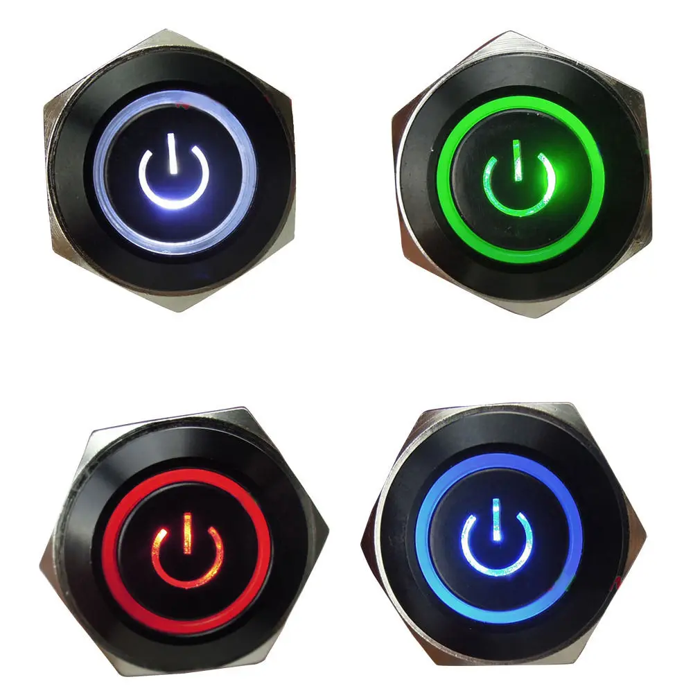 EE support  4Pcs 12V 3A 16mm Symbol & Circle LED Black Metal Push Button Switch ON/OFF(Colors:Blue/Red/White/Green)  XY01