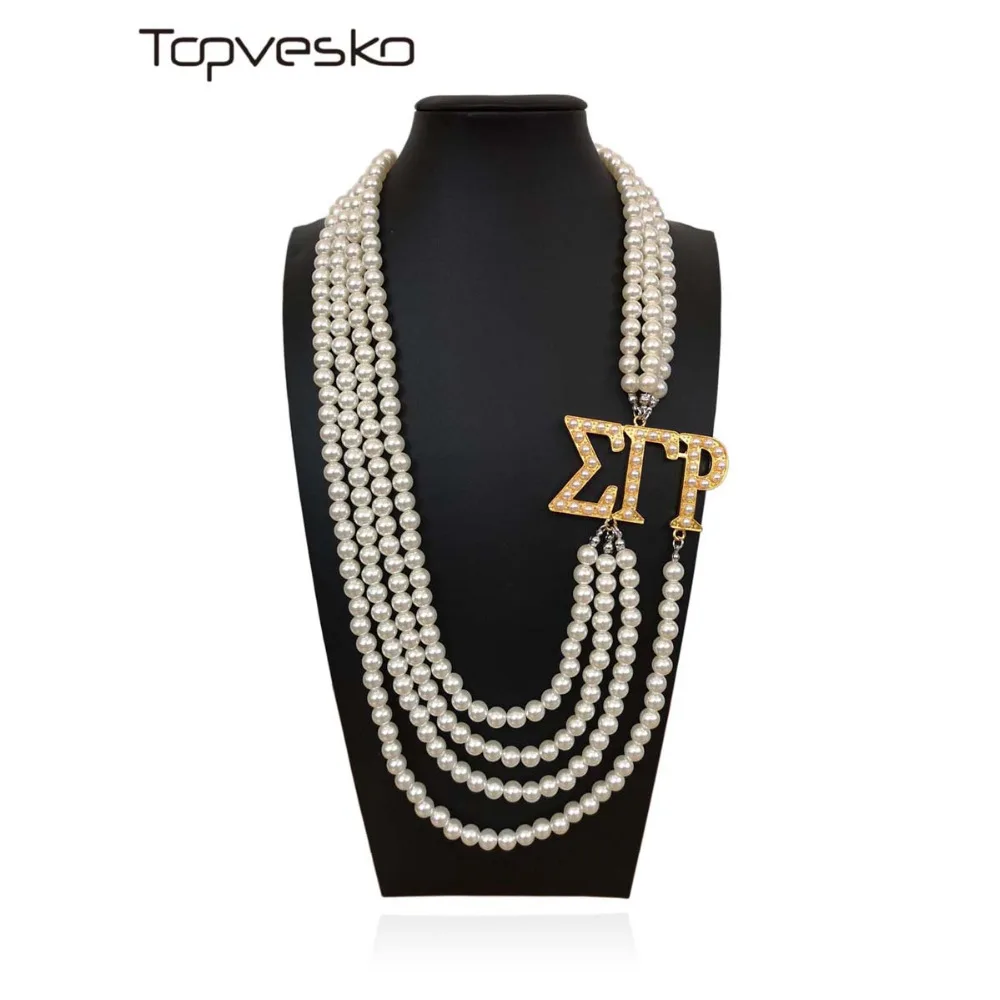 Topvekso Greece Greek Sorority Sigma Gamma Rho White Pearl SGR  Pendant Multilayer Statement Jewelry Long Choker