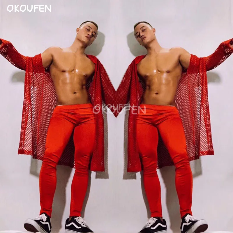 

New Men's red perspective sexy stage ds costumes openwork jacket bar nightclub ds men's performance show wear