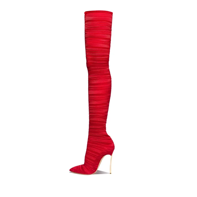 

New Autumn Winter Stretch Fabric Thigh Woman Boots Sexy Thin 12 CM High Heels Pleated Red Balck Slim Leg Boots Stiletto Shoes