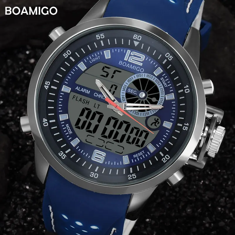 Men Sports Watch Military Quartz Watch Rubber Band BOAMIGO Brand Blue LED Analog Digital Wristwatch 30M Waterproof Reloj Hombre