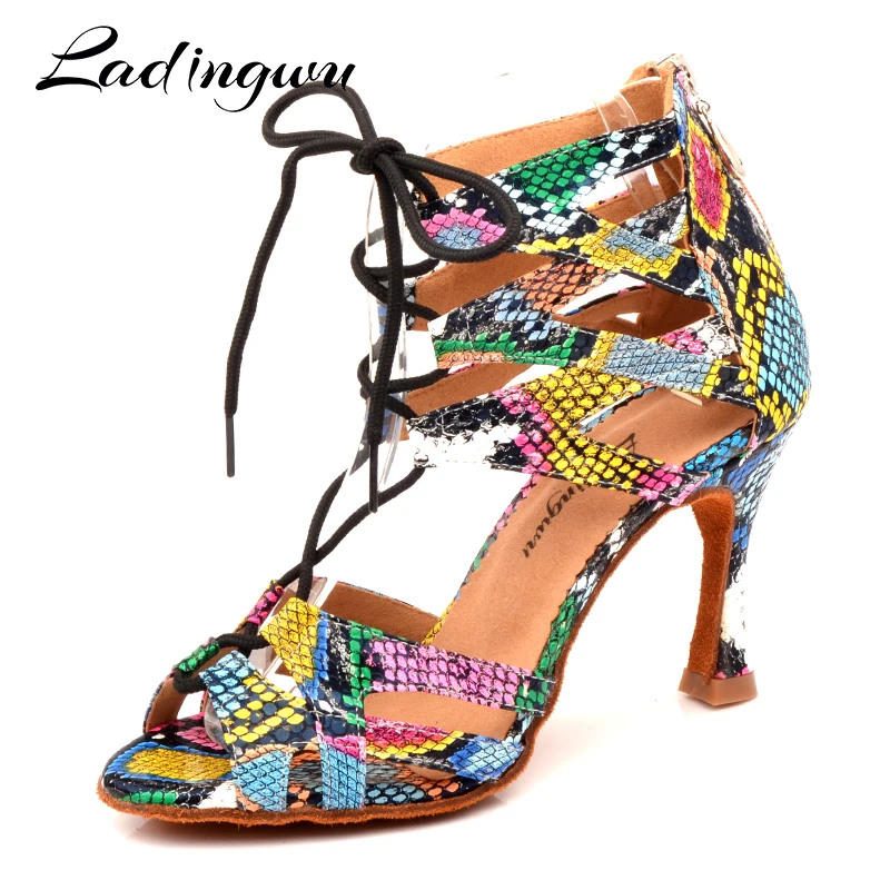 Zapatos de baile de Ladingwu para mujer zapatos de baile latino tendencia serpiente textura Salsa baile zapatos ancho y estrecho Cordón de ajuste