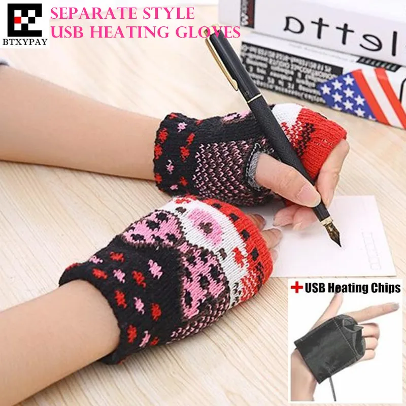 

Winter Warm Boy&Girl Students Homework Separate Style USB Heating Gloves,Women Office Hand Back Heated Knitted Fingerless Gloves