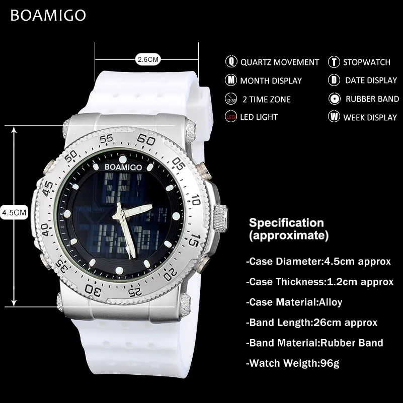 New BOAMIGO brand 3 Time zone men sports army navy military watches men Quartz Analog Digital LED rubber band wristwatches