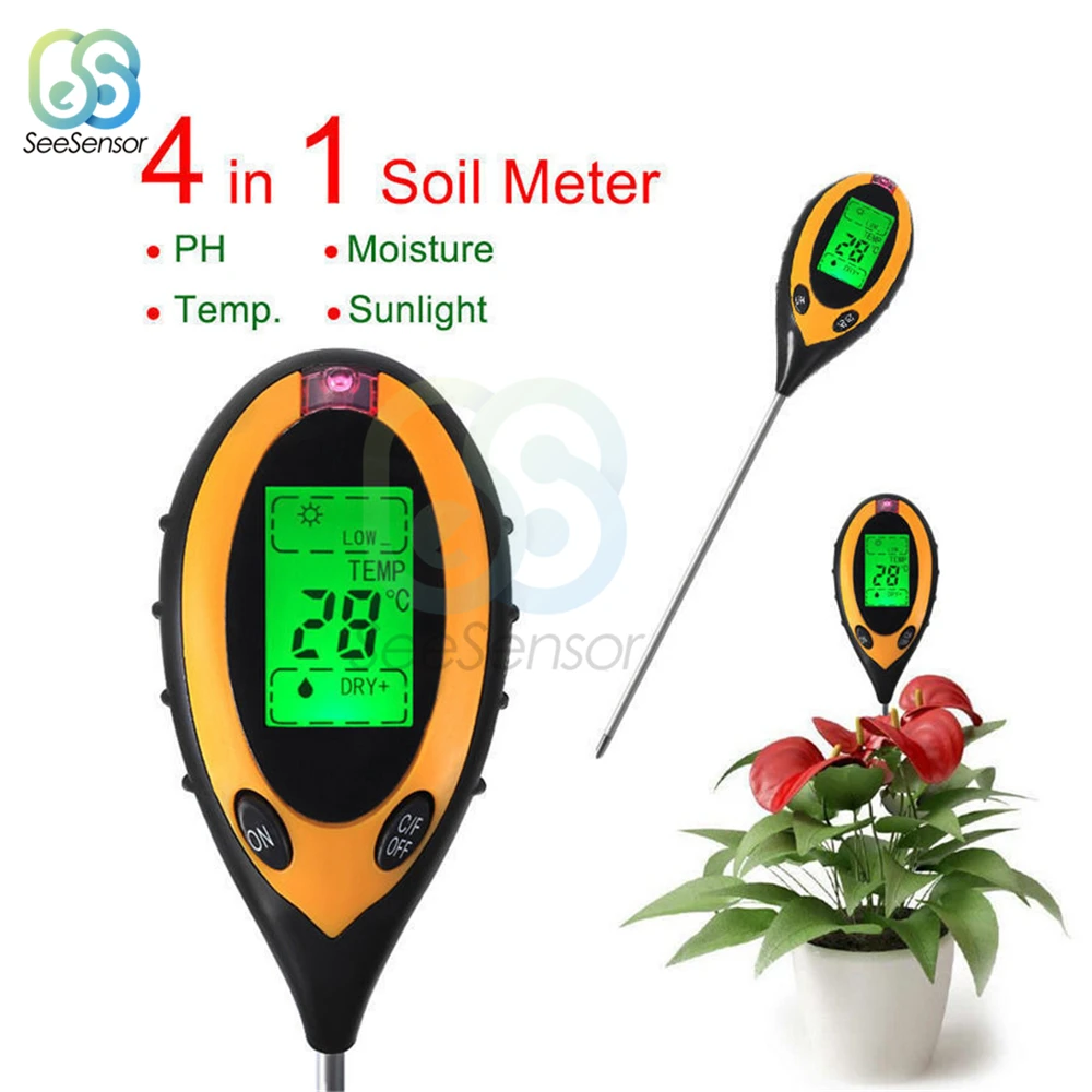 4 in 1 Soil PH Meter Soil Tester PH Moisture Meter Temperature Sunlight Intensity Measurement Analysis Acidity Alkali