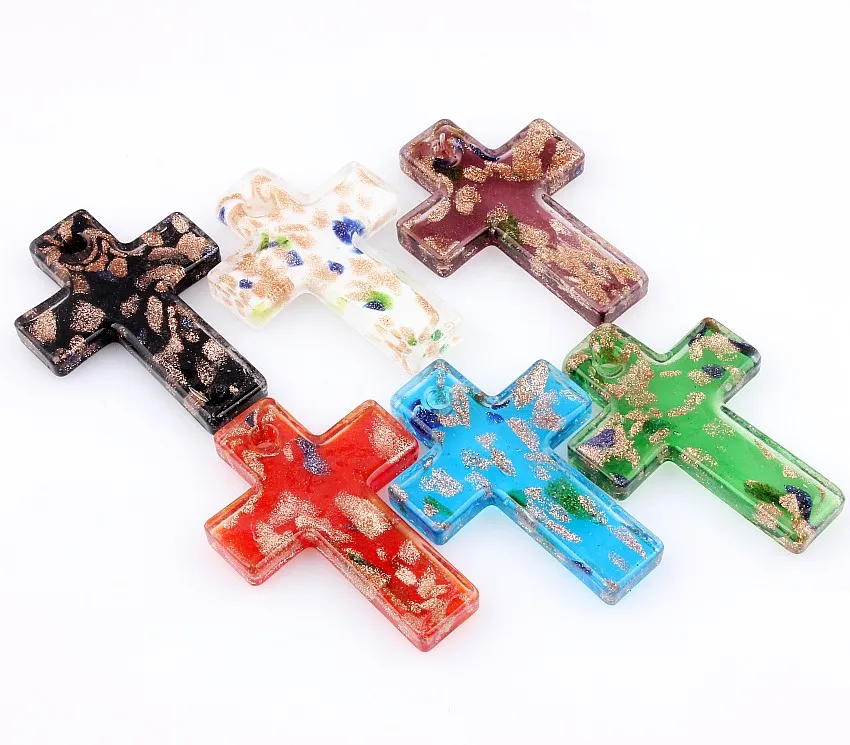 QianBei Wholesale 6pcs Handmade Murano Lampwork Glass Cross Pendant For Necklace P0067