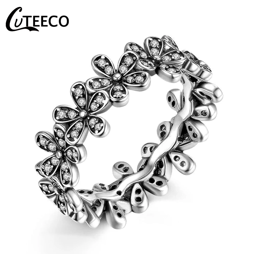 CUTEECO Daisy Rings for woman Silver Color Clear CZ Flowers Brand Rings fashion Wedding Party Jewelry