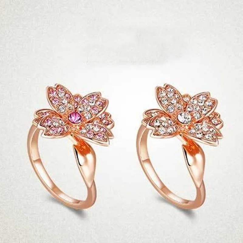 OMHXZJ Wholesale European Fashion Woman Girl Party Wedding Gift Flower White Pink AAA Zircon 18KT Rose Gold Ring RR581