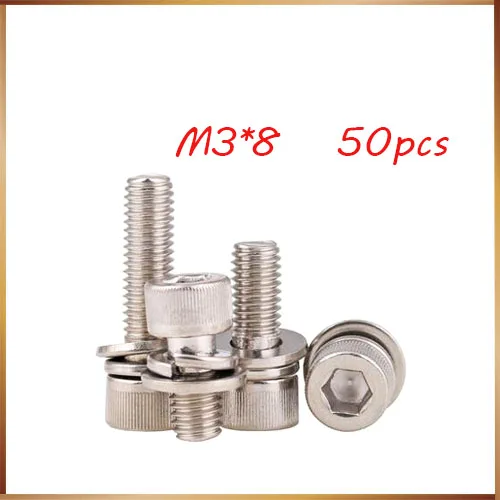 Free shipping 50pcs M3 M3*8mm 304 Stainless Steel Inner Hex Bolt Hexagon Socket Spring Washer Sems Assembly combination Screw