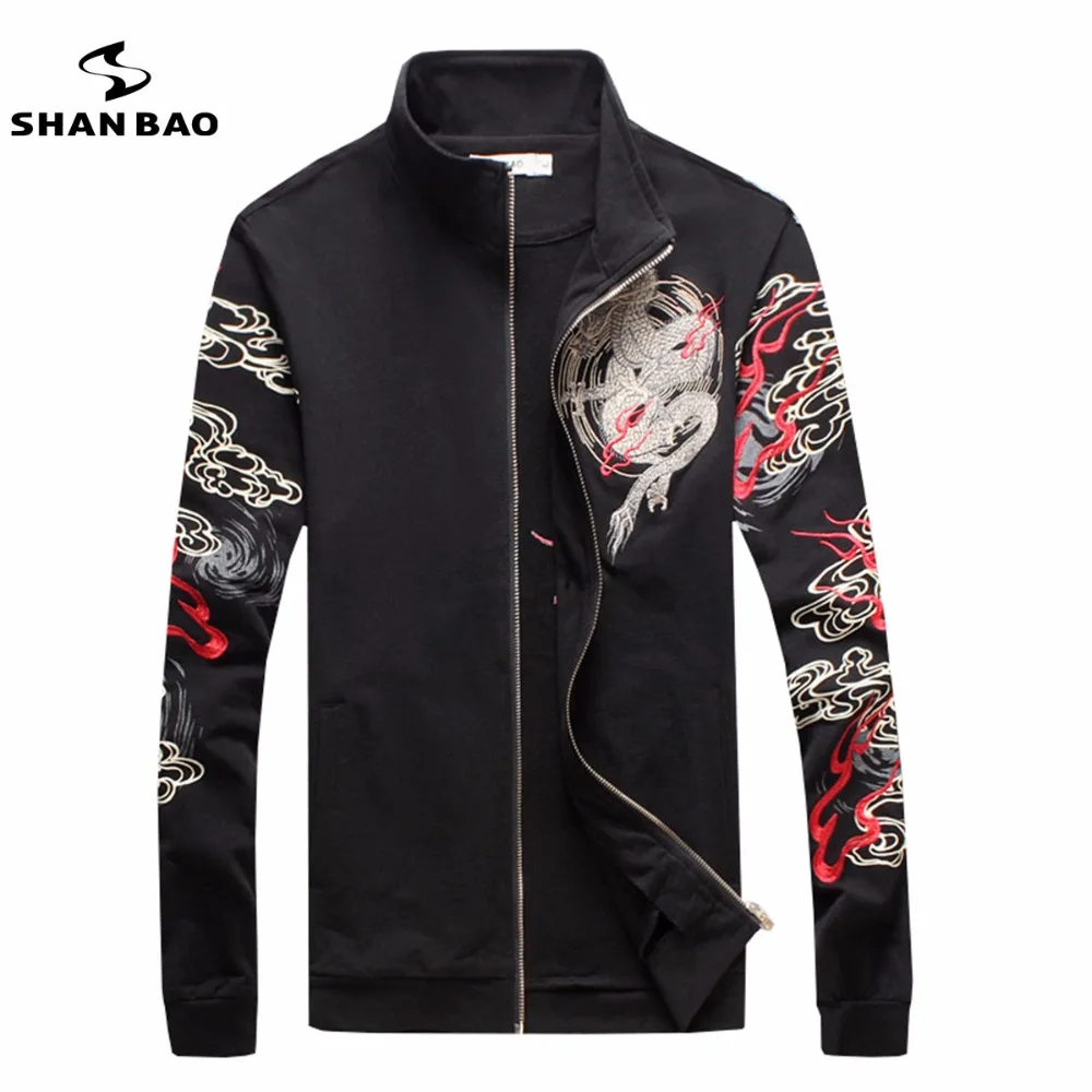 

SHAN BAO brand personality collar zipper jacket popular Chinese wind dragon pattern printing embroidery men's white black jacket