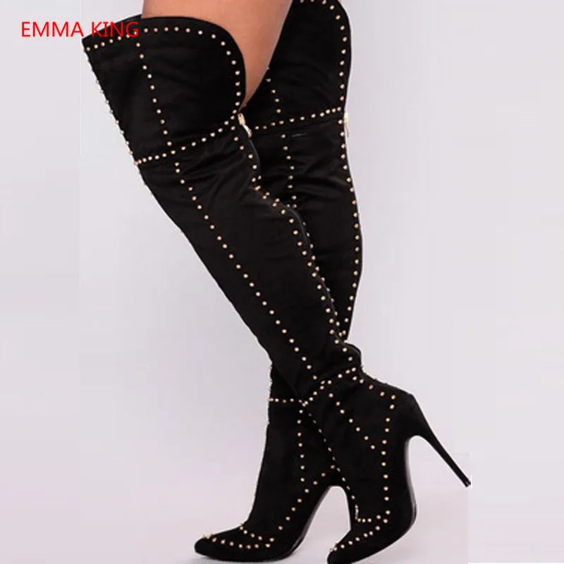 

Winter New Pointed Toe Women Over The Knee Boots Suede Rivets Studded Ladies High Heels Shoes Party Wedding Thigh High Boots