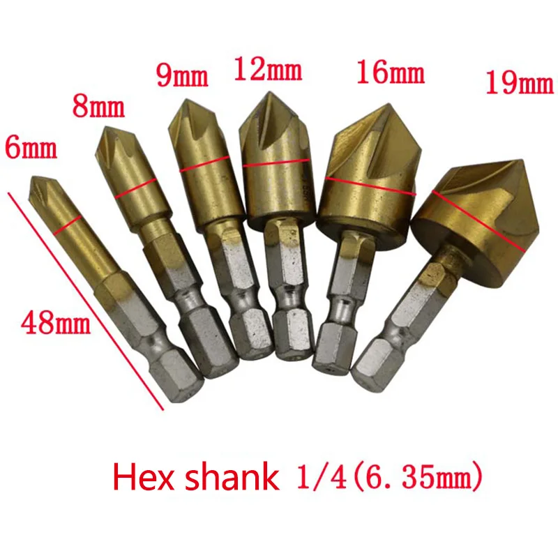 6PCS 1/4'' 6.35mm shank,6mm-19mm Titanium Coated Countersinks 5 Blade 82 Degree Chamfering Cutter Chamfer Drill Press