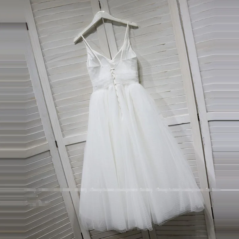 Es der YiiYa Hochzeit Kleid V-ausschnitt Spaghetti-trägern Lace Up Ankle Länge brautkleider Braut Engagement Elegante Weiße Kleider G008